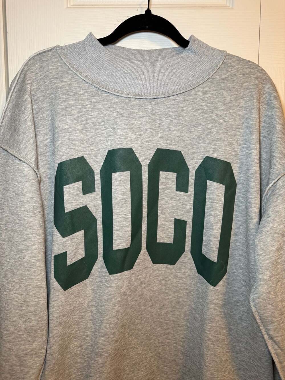 SOCO Gray Mock Neck Oversized Sweatshirt with Green Lettering